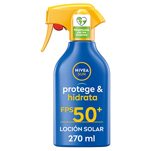 NIVEA SUN Protege & Hidrata Spray Solar FP50+ (1 x 270 ml), protector hidratante y resistente al agua con protección UVA/UVB, protección solar muy alta en formato pistola