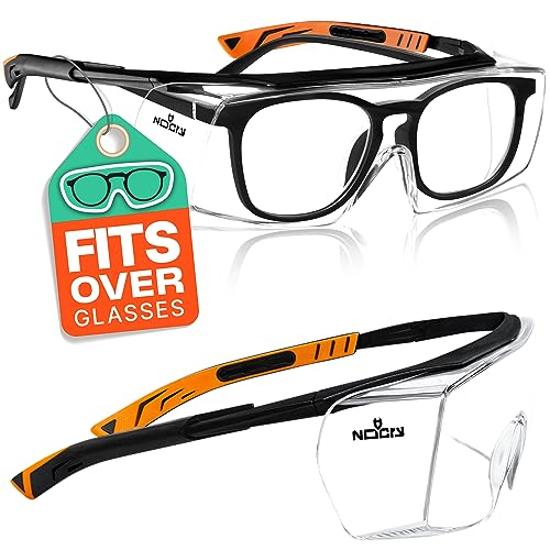 NoCry - Gafas de seguridad con lente óptica anti rasguños - Certificaciones ANSI Z87 y OSHA - varillas ajustables y protección (contra rayos de sol) UV 400 - marco negro y naranja