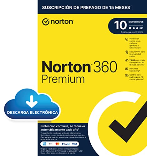Norton 360 Premium 2024 - Antivirus software para 10 Dispositivos y 15 meses de suscripción con renovación automática, Secure VPN y Gestor de contraseñas|PC/Mac/Ios/Android| Enviado por email