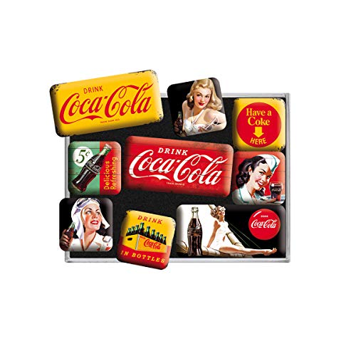 Nostalgic-Art Juego de Imanes Retro Coca-Cola – Yellow – Regalo Aficionados a la Coke, Decoración para la Nevera, Diseño Vintage, 9 Unidades