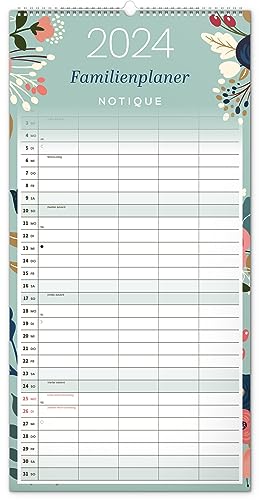 NOTIQUE Calendario de pared 2024, calendario mensual, utilizable como calendario familiar con 5 columnas, planificador para dos con vacaciones alemanas, 21 x 42 cm