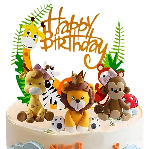OCDSLYGB Decoración para tartas de animales, 4 piezas, decoración de tartas de animales de la selva, decoración de pastel de feliz cumpleaños, decoración de pastel salvaje, jirafa, zorro, tigre,