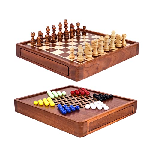 OOCOME Juego de ajedrez de madera y damas chinas, juego de ajedrez magnético para adultos, juegos de mesa 2 en 1 con cajón de almacenamiento, caja de nogal (OOAC895)