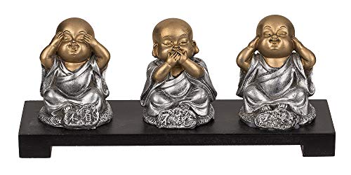 OOTB 3 Figuras de poliresina en un tazón de Madera, Buda, Aprox. 20 x 9 cm