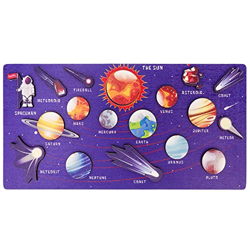 OOTSR Rompecabezas de Sistema Solar de Madera para Niños de 3 a 5 Años, 30 * 14,8 cm Juguete Montessori de Rompecabezas Planetario de para Que Los Niños Aprendan sobre El Conocimiento del Espacio