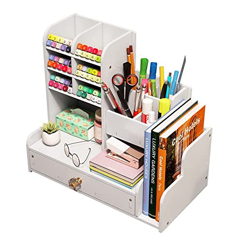Organizador de escritorio mejorado con cajón, soporte para lápices blanco, organizador de suministros de arte para el hogar, la oficina y la escuela