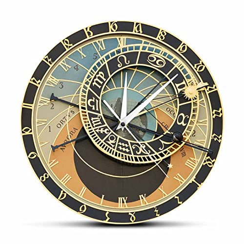 OTKU Reloj Pared Silencioso 30m República Checa Praga Impreso astronómico Reloj de Pared para Dormitorio Steampunk Astrology Relojes European Travel Home Decor Watch