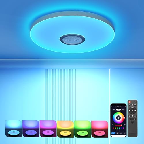 OTREN Plafon Led Techo con Altavoz Bluetooth, 36W Lámpara de Techo Regulable con Mando a Distancia y Control APP, RGB Luz LED para Baño Dormitorio, 3600LM, 28CM