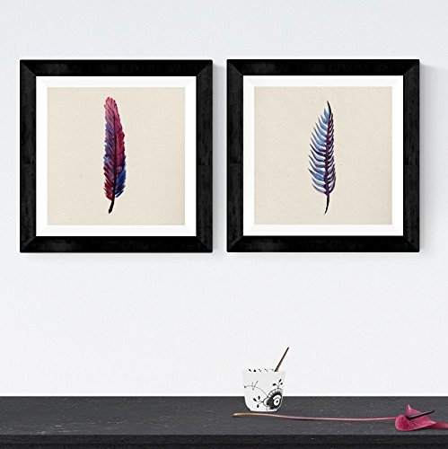 Pack de láminas enmarcadas para enmarcar PLUMAS DEL CIELO. Posters cuadrados con imágenes de plumas. Con marco