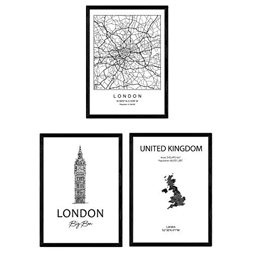 Pack de posters de paises y monumentos. Mapa ciudad Londres United Kingdom y monumentos A. Tamaño A3
