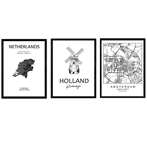 Pack de Posters de Paises y monumentos. Mapa cuidad Amsterdam, Monumento Kinderdijk y Mapa Holanda. Tamaño A3