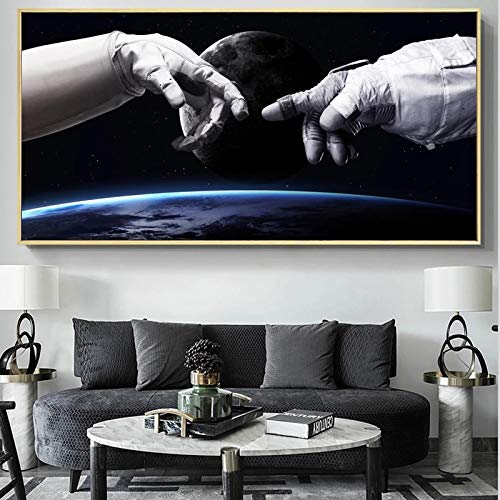 Paisaje espacial Pósteres e impresiones Arte de la pared Pintura en lienzo Mano de astronauta y Mano de Dios Imagen Decoración de la sala de estar 30x60cm (12x24in) Sin marco