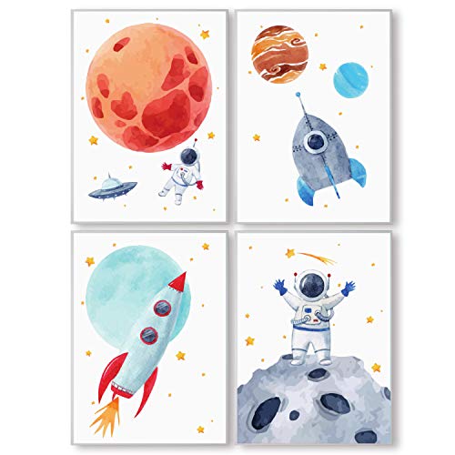 Pandawal Juego de 4 pósteres decorativos para habitación infantil para niños y niñas, diseño de astronauta/planeta, para niños