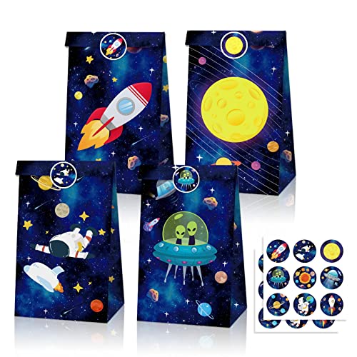 Paquete de 12 Bolsas Para fFiestas en el Espacio Exterior, Bolsa de Papel Espacial con Pegatinas, Bolsas de Regalo Para Fiestas Temáticas Galaxy Planet, Bolsas de Caramelos de Astronauta