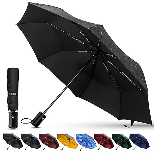Paraguas TechRise, paraguas de viaje compacto plegable automático clásico a prueba de viento con un botón de apertura y cierre automáticos