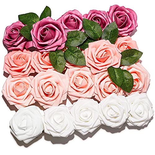 PartyWoo 20 Rosas Artificiales, Flores Artificiales, Flores Decorativas, Rosas de Espuma, Flores Artificiales para decoración de cumpleaños, Bodas, Fiestas (Rosa y Blanco)