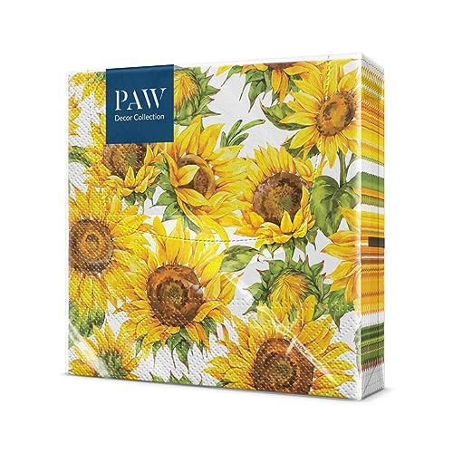 PAW - Servilletas de Papel 3 Capas (33 x 33 cm) | 20 Unidades | Servilletas Decorativas con Temática de Otoño | Diseño de Hojas | Ideal para Decoración Otoñal y Eventos | Color: Dancing Sunflowers