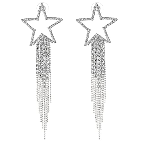 Pendientes con Colgante de Estrella para Mujer Pendientes de Borla de Estrella con Diamantes de Imitación Brillantes Pendientes de Cadena con Borlas de Diamantes de Imitación Joyería Nupcial de Plata