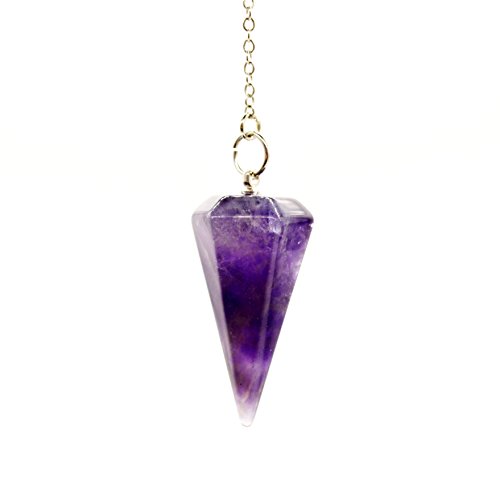 Péndulo de adivinación hecho de cristal de amatista violeta natural para radiestesia chakra reiki. puntiagudo con cadena y bolsa de joyería