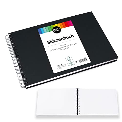 Perfect ideaz - Cuaderno de dibujo (96 páginas, 48 hojas) DIN A4, cuaderno de dibujo profesional, libro de espiral con papel blanco blanco, 200 g, cuaderno de bocetos y libro negro en blanco para