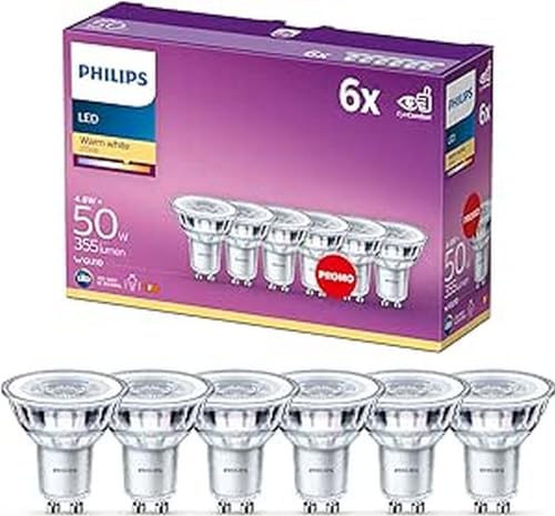 Philips - Bombilla LED cristal 50W, GU10, luz blanca cálida, transparente, no regulable, pack 6