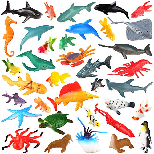 Pinowu Oceano Animales Marinos Juguetes de baño (36pcs) para Suministros para Fiestas - 3-8cm Caucho Oceano Criaturas Cifras con Marine Pulpo Tiburón Pescado Vida Marina para niño Educación