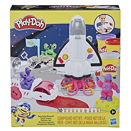 Play-Doh Juego de cohetes con vehículo lunar, 8 accesorios espaciales y 10 colores