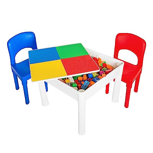 PlayBuild Jugar y construer 4 in 1 Mesa Actividades en Interiores, Juegos al Aire Libre, Almacenamiento de Juguetes y Bloques de construcción. Incluye 2 sillas para niños pequeños, Multicolor (.)