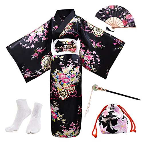 PLULON 5 uds bata japonesa Geisha Yukata vestido flor albornoz de satén con bolsa con cordón abanico de mano horquilla Tabi conjunto de calcetines para mujer