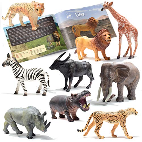 Prextex Las Figuras realistas Looking Safari Animales - 9 Grandes Figuras de plástico con Animales de la Selva Libro Grande