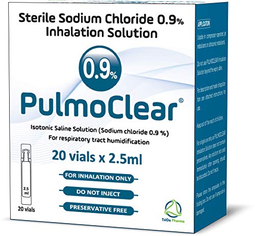 PULMOCLEAR Cloruro de sodio isotónico estéril al 0,9 % - Solución salina de inhalación NaCl para humificación de las vías respiratorias. Vial de dosis unitaria de 20 x 2,5 ml, grado farmacéutico