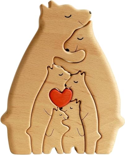 Puzzle familiar de osos de madera, rompecabezas de madera personalizado, rompecabezas de arte de madera lindo familia de animales estatua de madera rompecabezas familiar osos de madera regalo para la