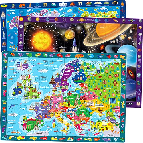 Puzzle Infantiles 3 4 5 Años – 3 Rompecabezas Grandes de 100 Piezas de Quokka – Espacial Mapas del Mundo y Europa – Juguetes de Regalo para Niños y Niñas de 6 8 10 Años