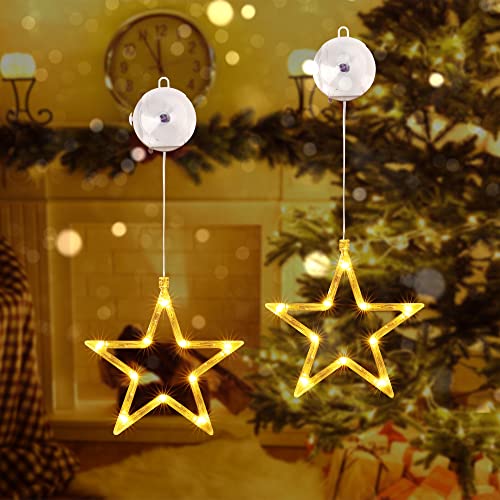 Qedertek Cortina Luces Navidad, Cortina de Luces con Estrella a Pilas, 10 LED Luces de Cortina de Ventana, Temporizador, Blanco Calido, Luces de Decoración para Interior Exterior Navidad Fiesta (2pcs)