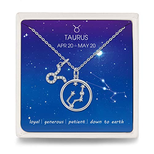 Qings Horoscopo Tauro Colgante Collars Plata de Ley 925 para Mujer Doble Cara Constelaciones Signos Astrológicos Zodiacos