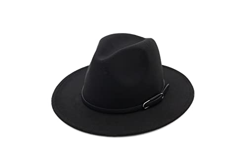 QUUPY Sombrero unisex retro con hebilla de cinturón Manhattan Fedora de fieltro negro, sombrero Panamá con cordón