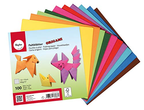 Rayher 71831000 Papel de Origami, 100 hojas en 10 colores, Papel para papiroflexia 15x15 cm, 80 g/m²