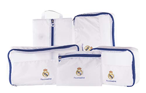 Real Madrid Club de Fútbol - Organizador de Equipaje con 5 Piezas Diferentes - No Añade Peso a tu Equipaje - Ideal para Organizar tu Ropa - Con Cierre de Cremallera - 23x10x38 cm - Producto Oficial