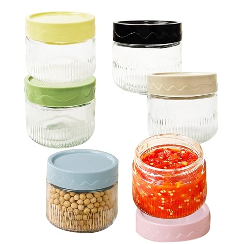 Recipiente de vidrio reutilizable para aderezo de ensalada de 8.5 onzas, juego de 6, tazas de porción con tapas para salsa, condimento, gelatina