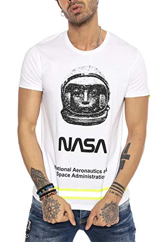 Red Bridge Camiseta de Hombre Manga Corta con Franja Neón y Estampado de NASA Blanco