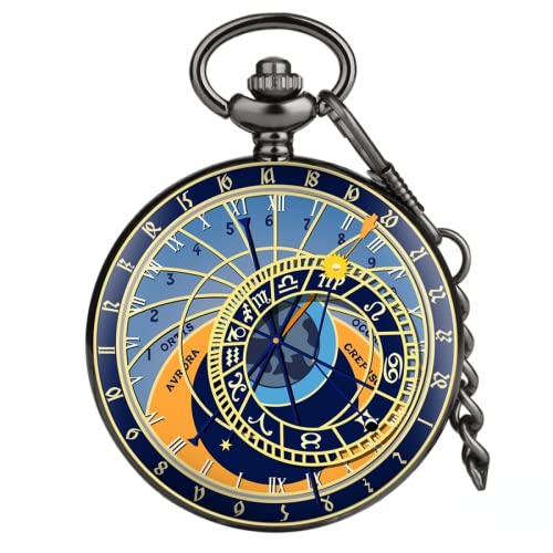 Reloj astronómico de Praga Reloj de bolsillo con cadena Reloj analógico de cuarzo Reloj de recuerdo, Cadena de 30 cm Negra, L