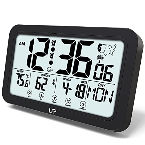 Reloj atómico con luz de fondo, reloj despertador digital automático con temperatura interior y humedad, funciona con pilas, cargador USB, sala de estar, oficina