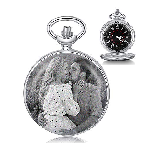 Reloj Bolsillo Personalizado con Foto Grabado Reloj Vintage Reloj Bolsillo Suave Reloj Clásico para Hombres Mujeres Regalo para Cumpleaños Aniversario Día del Padre (Plata)