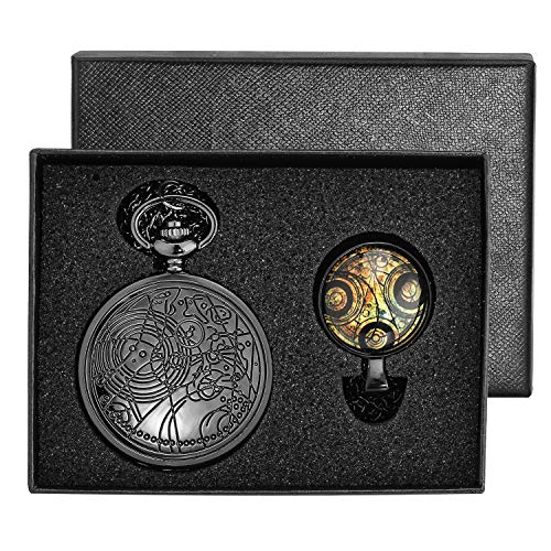 Reloj de bolsillo de Yisuya, con cadena, para hombre, diseño de estilo retro de Doctor Who, color negro, en caja de regalo