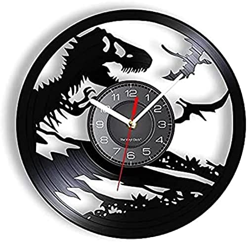 Reloj de pared con temática de dinosaurio, reloj de pared hecho de vinilo retro, registro de música, tiranosaurio, pterosaurio, pared de vinilo que brilla en la oscuridad, decoración de guardería, mús