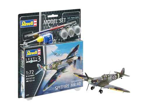Revell Set Supermarine Spitfire M, en Kit Modelo con Base Accesorios, fácil Pegar y para pintarlas, Escala 1: 72 (63897), 12,7 cm de Largo, de 10 a 99 años