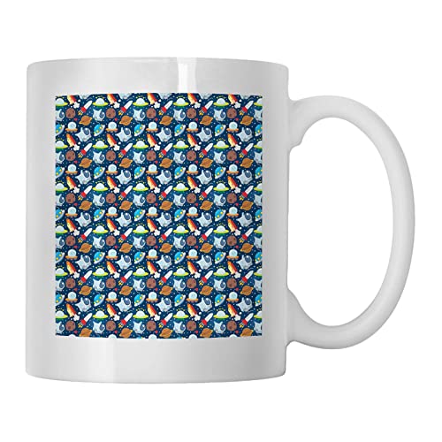 RFSHOP Nave espacial abstracta azul, taza de café, taza, ilustración llena de estrellas cósmicas con asteroides planeta y astronautas, tazas para mujeres u hombres, azul
