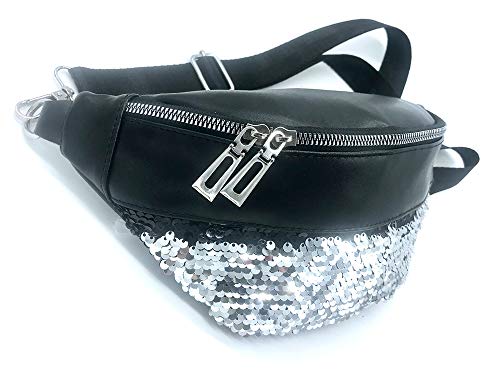 Riñonera Negra + Fundas RFID -Tecnología de Bloqueo Antirrobo Correa Ajustable e Intercambiable Ligera Gran Capacidad. Bolso versátil útil con Lentejuelas Fiesta fácil de Combinar
