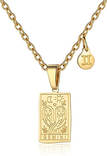 RIXERKOC Signo del Zodiaco Collar para Mujeres Constelación Tarot Colgante Doble Cara 18K Oro Inoxidable Signo del Zodiaco Joyería Regalos para Chicas (Géminis)