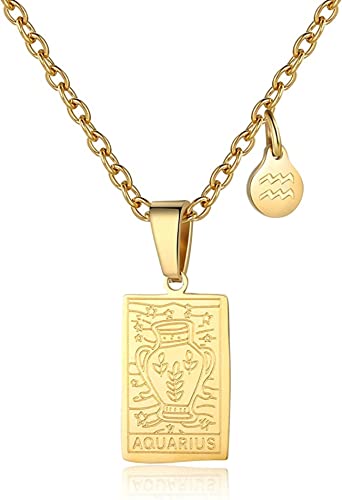 RIXERKOC Signo del Zodiaco Collar para Mujeres Constelación Tarot Colgante Doble Cara 18K Oro Inoxidable Signo del Zodiaco Joyería Regalos para Chicas (Acuario)